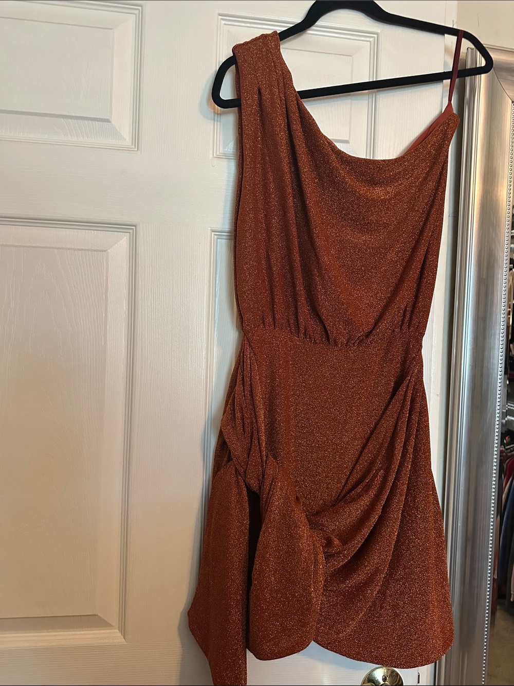 Petal & Pup One-Shoulder Copper Shimmer Dress
